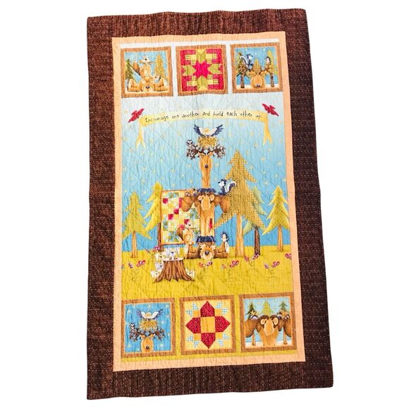 Handmade Quilted Table Runner "Encourage One Another" Browns Tans Greens 47x28" - Picture 1 of 12